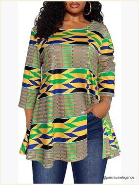 African Dashiki 3/4 Sleeve Tunic Top Boho Loose Blouse